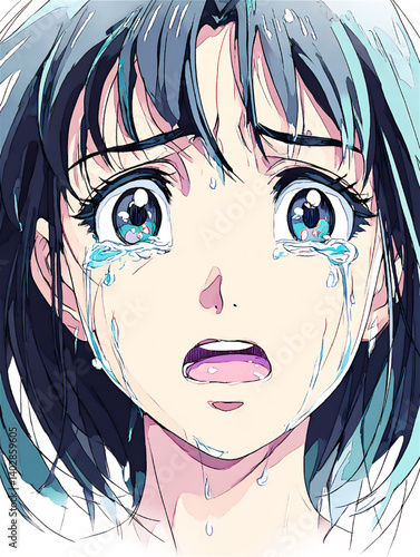 涙を流すアニメ風の少女のクローズアップ