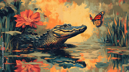 A magnificent alligator in a tranquil swamp, alongside a monarch butterfly.