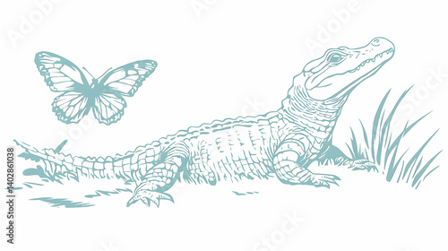 A delicate illustration of a butterfly and alligator.