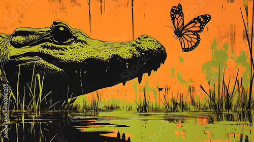 A vibrant alligator in a swampy landscape with a monarch butterfly.