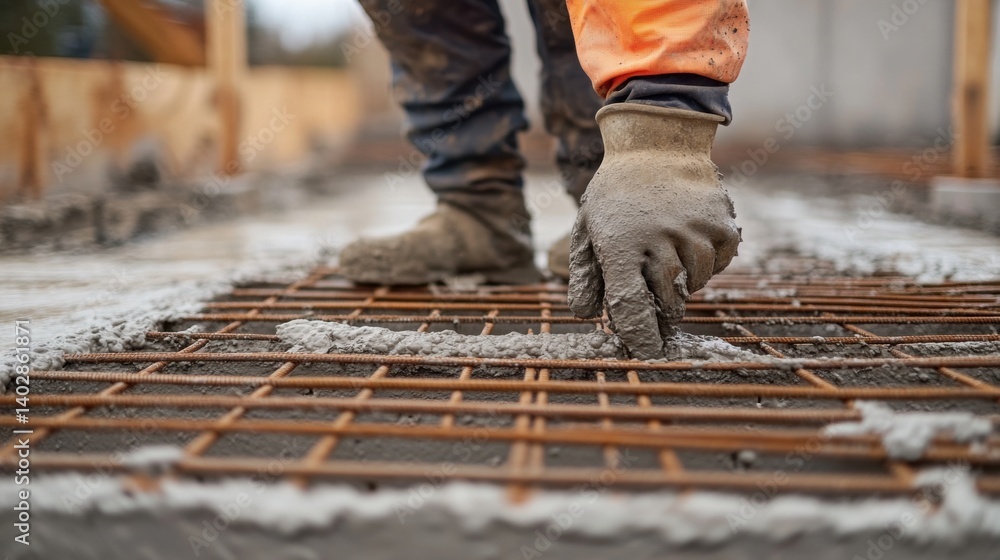 Construction worker adjusting formwork for pouring concrete. Featuring structural planning and stability Construction worker adjusting formwork for pouring concrete. Featuring structural planning and stability