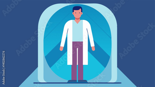 User Experience An illustration of a relaxed patient standing in the scanner with a soothing atmosphere enhanced by calming colors and ambient lighting.