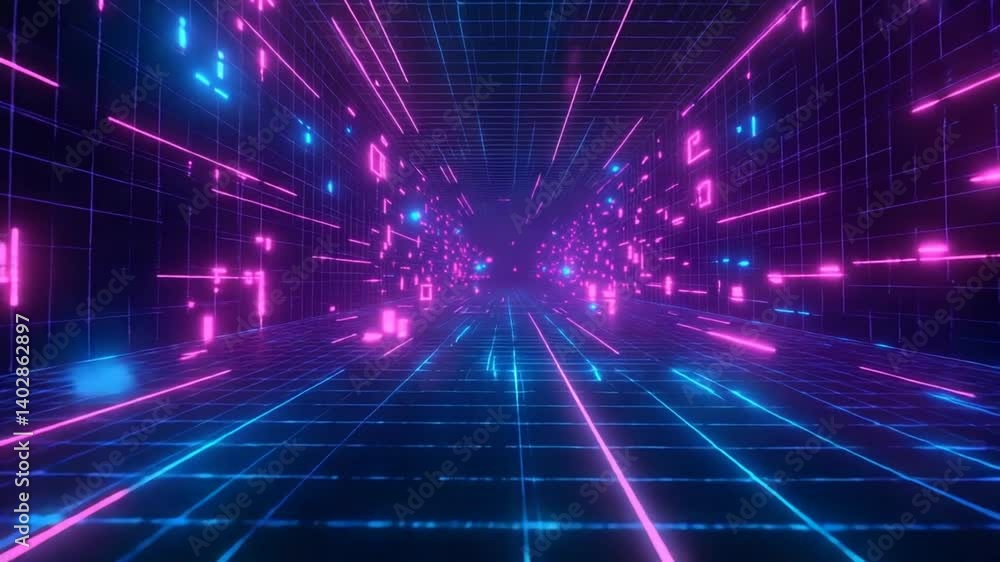 Neon Grid Tunnel: A Futuristic Digital Landscape of Pink and Blue Glowing Lines Neon Grid Tunnel: A Futuristic Digital Landscape of Pink and Blue Glowing Lines