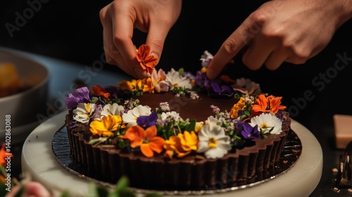 Person decorating chocolate tart with edible flowers