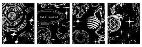 Set of poster with a pixelated graphic shape. Vector stipple space element in retro futuristic style. Design templates for card, social media, banner, cover. 