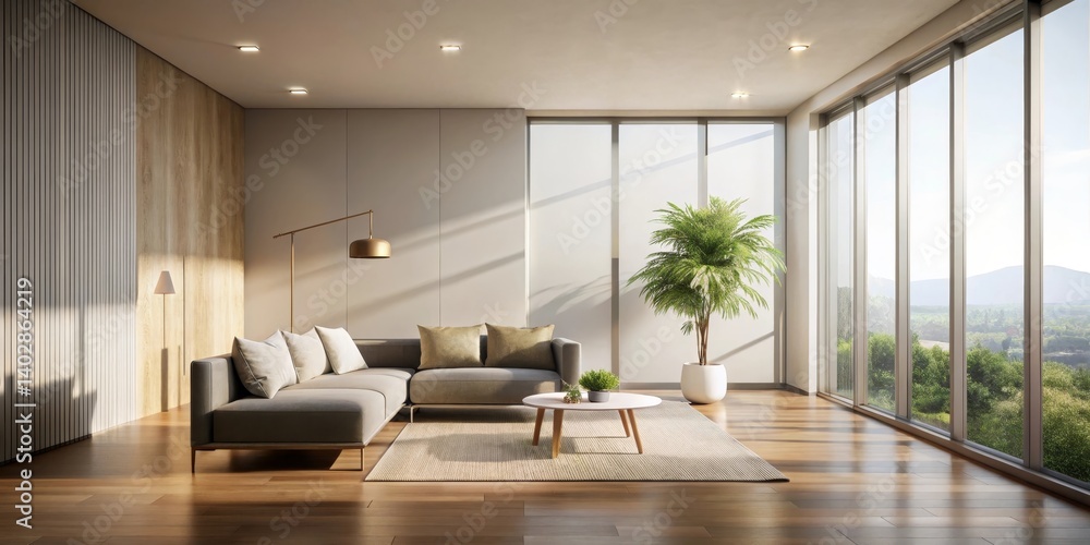 Fototapeta premium Serene Modern Living Room with Sunlight Streaming Through Expansive Windows and a Cozy Sectional Sofa