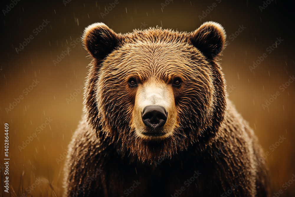 Obraz premium majestic brown bear standing in the rain with intense gaze in a moody wilderness setting