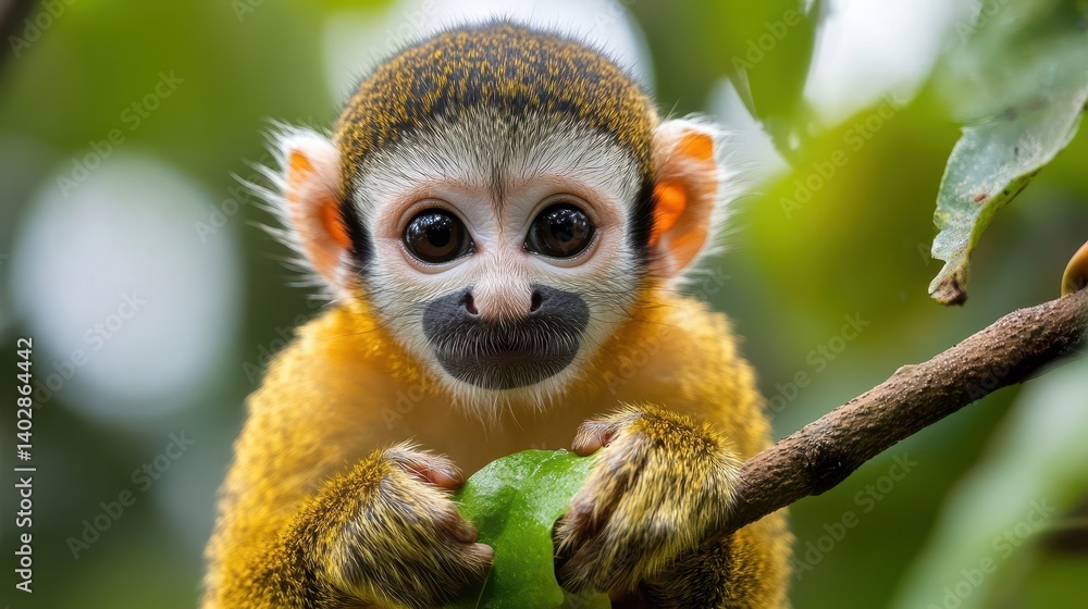 Obraz premium A close-up of a curious, golden-yellow squirrel monkey holding a leaf.