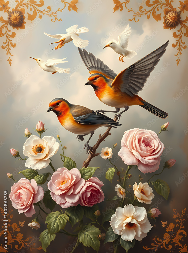 Fototapeta premium Beautiful birds with vibrant plumage and lush roses create a stunning floral display.