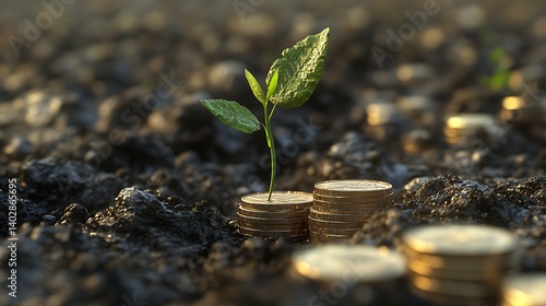 Wallpaper Mural Fresh green sprout standing tall among stacks of gold coins in nutrient-rich soil representing success Torontodigital.ca