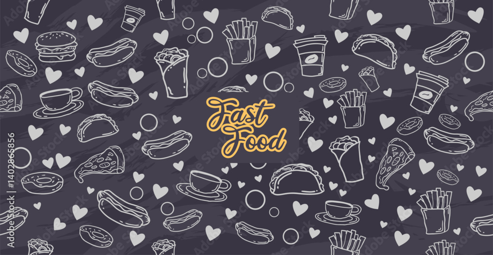fast food seamless pattern background vector illustration line art icon perfect for menu decoration wallpaper or food package design fast food seamless pattern background vector illustration line art icon perfect for menu decoration wallpaper or food package design