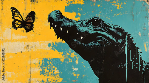 A butterfly and an alligator in a vibrant, textured artwork.