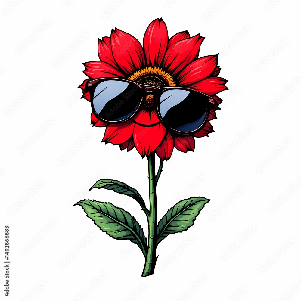 smiling red flower emoticon with sunglasses isolated on a white background