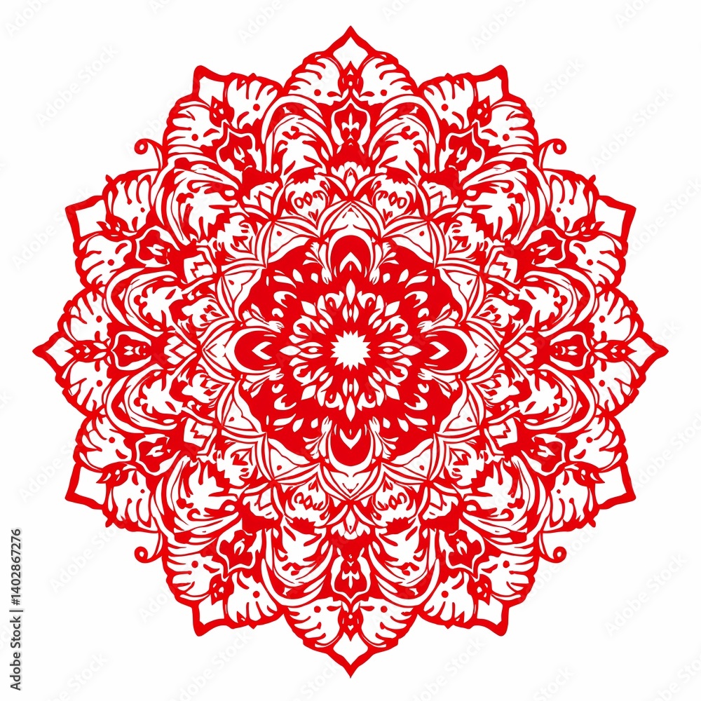 red doodle rangoli design element isolated on a white background