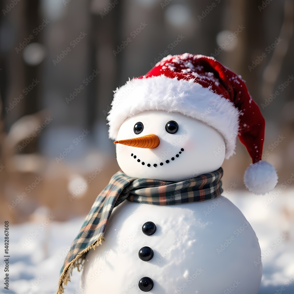 snowman wearing red hat in outdoor snowy nature