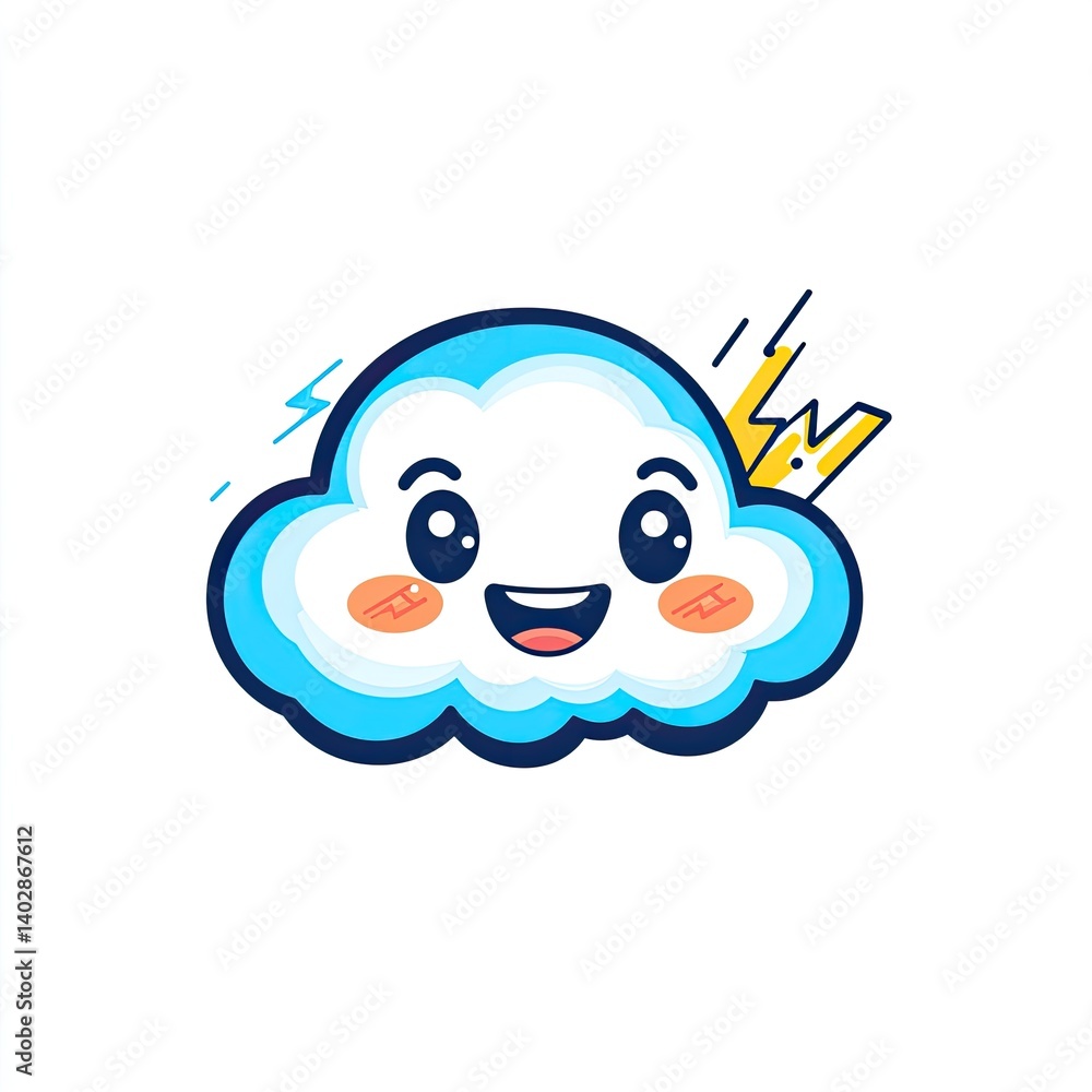 A cheerful cartoon cloud with lightning bolt and happy face A cheerful cartoon cloud with lightning bolt and happy face