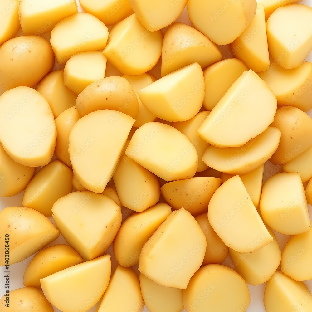 prepared potato chunks and sliced pile top view isolated on a white background
