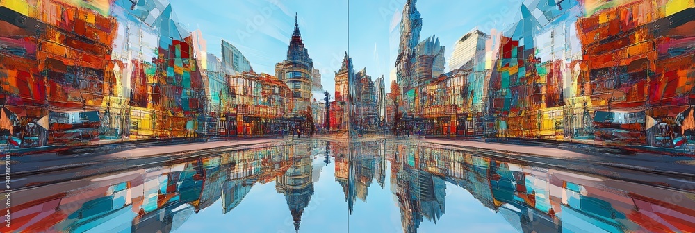 Naklejka premium Abstract city skyline reflection with blurred motion effect against a light blue sky.