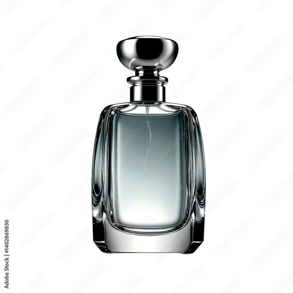 Luxurious 3D Perfume Bottle on White Background – Elegant Glass Design with Metallic Cap Luxurious 3D Perfume Bottle on White Background – Elegant Glass Design with Metallic Cap