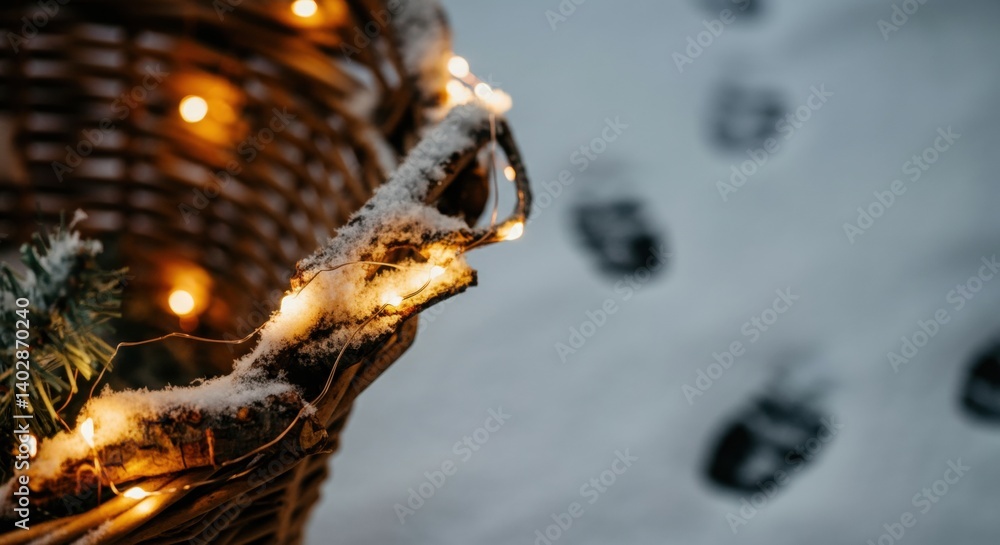 Snow-covered basket with lights and footprints on a winter path Snow-covered basket with lights and footprints on a winter path