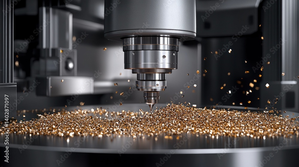 Precision CNC machining process in action. Metal chips fly from a powerful machine tool Precision CNC machining process in action. Metal chips fly from a powerful machine tool