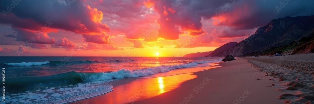 Fototapeta premium Dramatic sunset over sandy beach, vibrant hues, sunset, sunshine coast, light