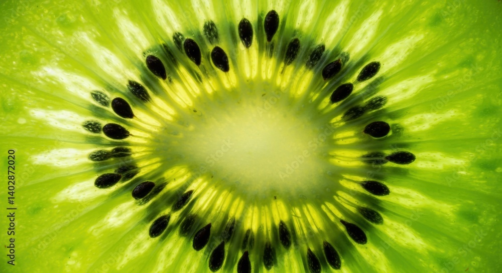 Close-up of vibrant green kiwi fruit slice with black seeds Close-up of vibrant green kiwi fruit slice with black seeds