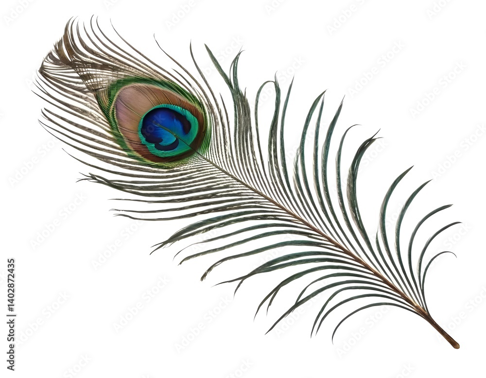 Fototapeta premium Single Peacock Feather Isolated on White