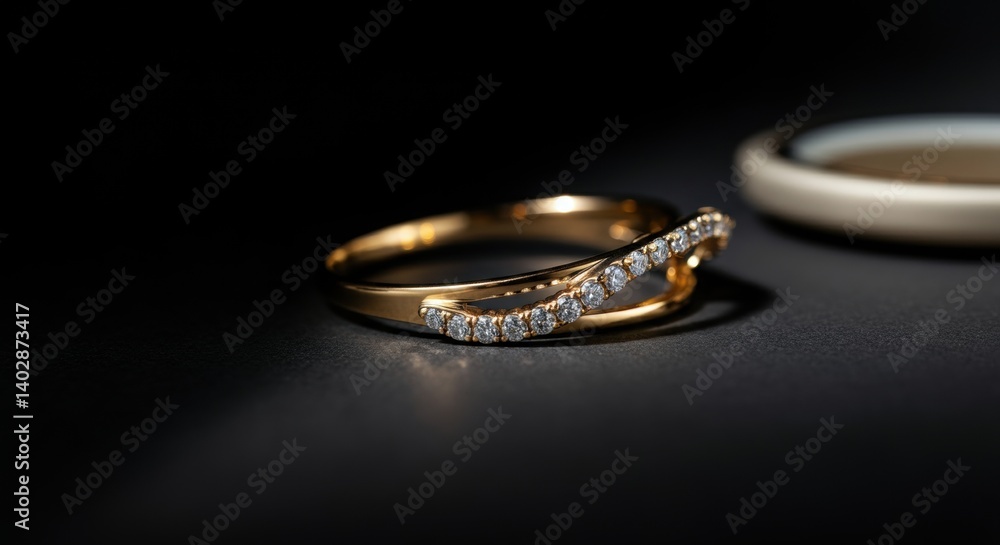 Gold diamond ring with curved design on dark background Gold diamond ring with curved design on dark background