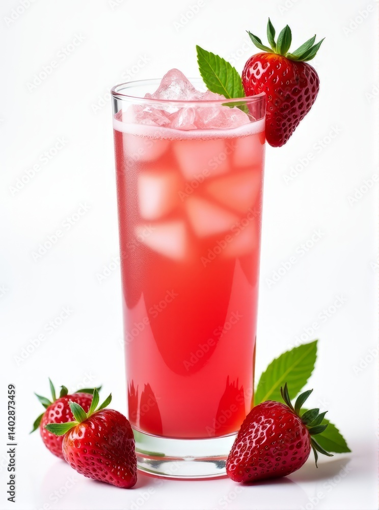Icy Strawberry Beverage with Whole Strawberries and Mint, Isolated on White Icy Strawberry Beverage with Whole Strawberries and Mint, Isolated on White