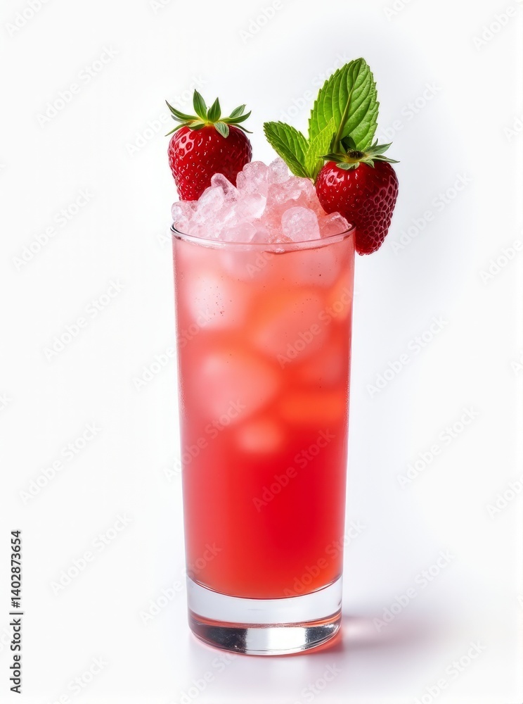 Icy Strawberry Beverage with Whole Strawberries and Mint, Isolated on White Icy Strawberry Beverage with Whole Strawberries and Mint, Isolated on White