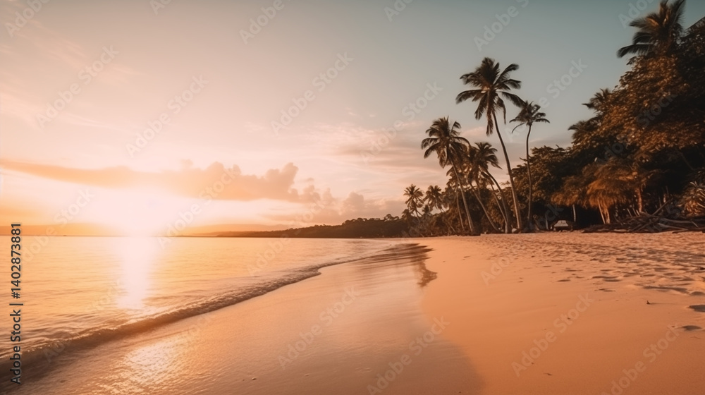 Fototapeta premium Sunset on a tropical beach with palm trees and calm ocean water view