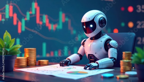 Wallpaper Mural Vector illustration of a stock trading robot sitting on a desk with charts and graphs, surrounded by coins and other financial symbols, finance, market trends Torontodigital.ca