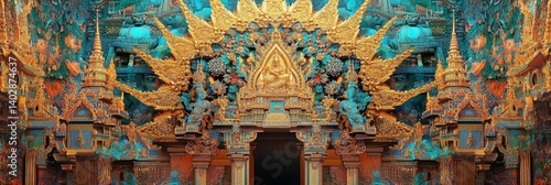 Ornate building facade with golden decorations and a dark entrance in the center.