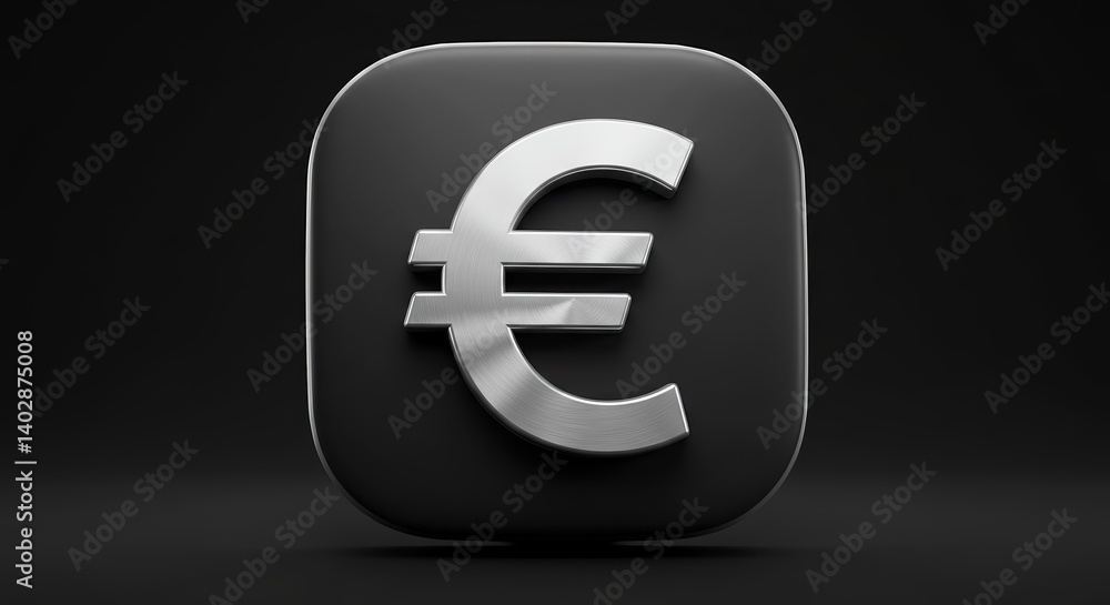 Euro Symbol on Rounded Black Background with Metallic Silver Metal Euro Symbol on Rounded Black Background with Metallic Silver Metal