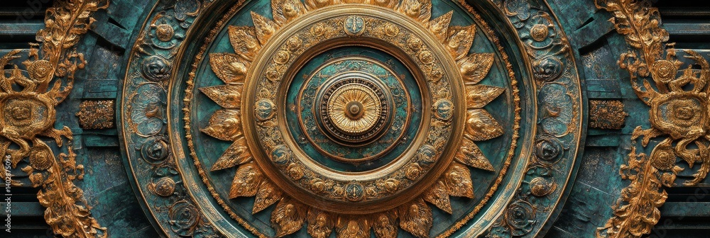 Fototapeta premium Ornate golden and blue circular design with detailed carvings and central hole.