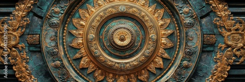Ornate golden and blue circular design with detailed carvings and central hole.
