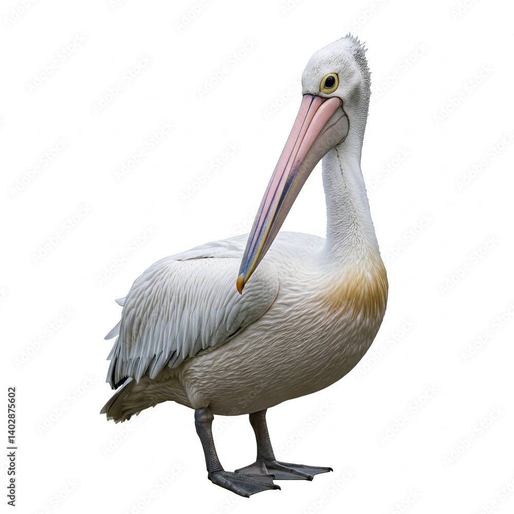 Side view of pelican isolated on plain white background in wide frame
Side view of pelican isolated on plain white background in wide frame