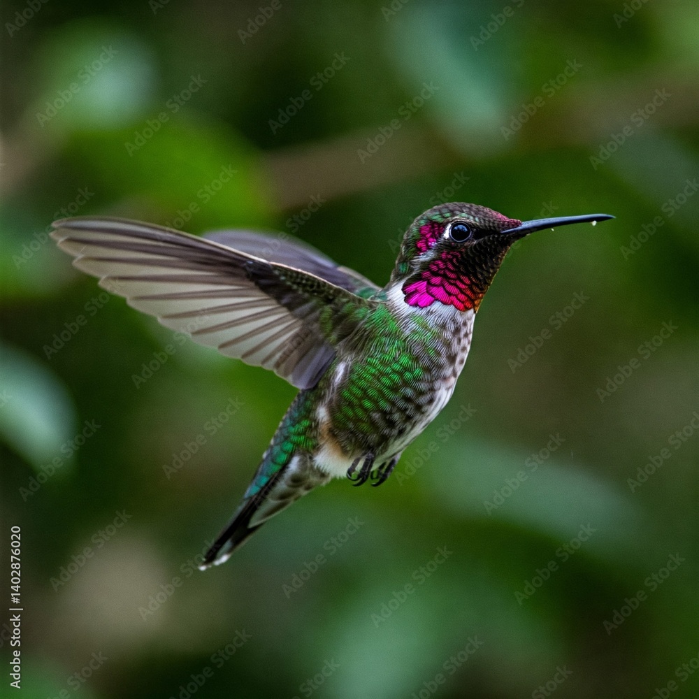 Fototapeta premium Isolated hummingbird on a white background with its colorful plumage and rapid wing movements. 