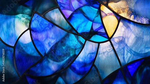 Captivating Abstract Stained Glass Window with Blue and Gold Hues