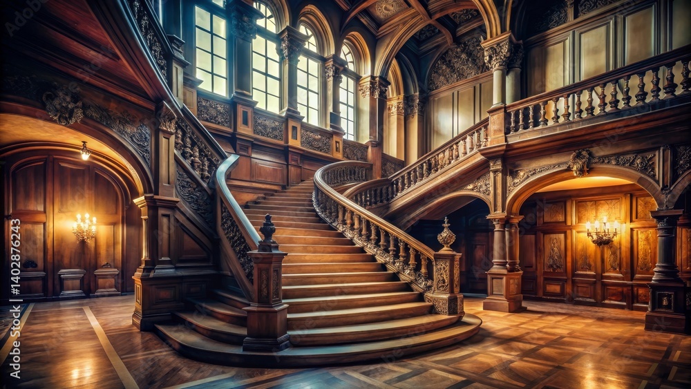 Fototapeta premium A grand, ornate wooden staircase ascends majestically within a palatial residence, showcasing intricate carvings and elegant balustrades, bathed in the warm glow of interior lighting.