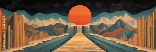 Abstract landscape with mountains path and large orange sphere against a dark sky.