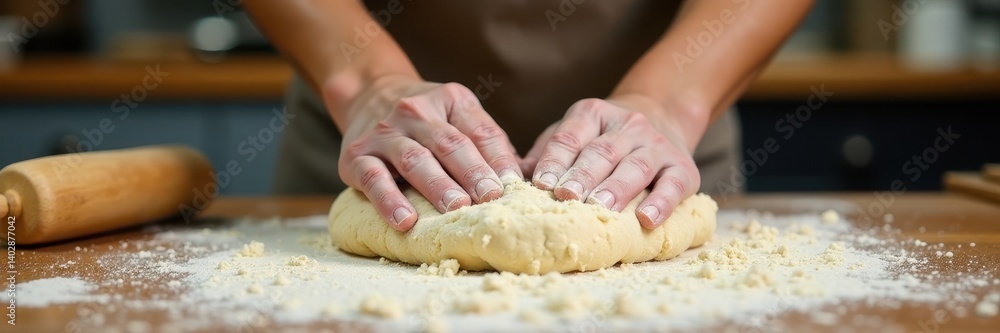 Smiling hands knead festive dough, flour dusting countertop, winter, delicious Smiling hands knead festive dough, flour dusting countertop, winter, delicious