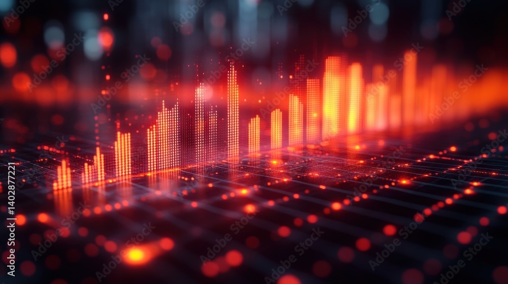 Fototapeta premium Abstract Digital Cityscape: A fiery representation of data growth and technological advancement.