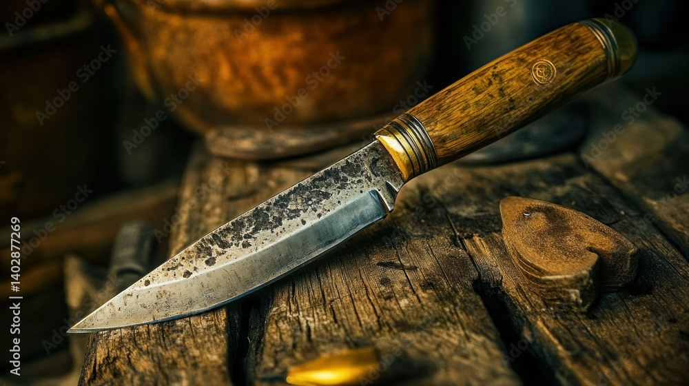 A close up view of a handcrafted knife on wood A close up view of a handcrafted knife on wood