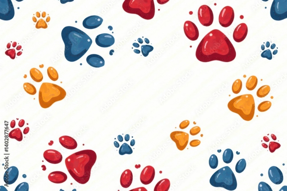 Fototapeta premium Colorful dog paw print seamless pattern on white background isolated doodle cartoon, seamless pattern, cartoon illustration
