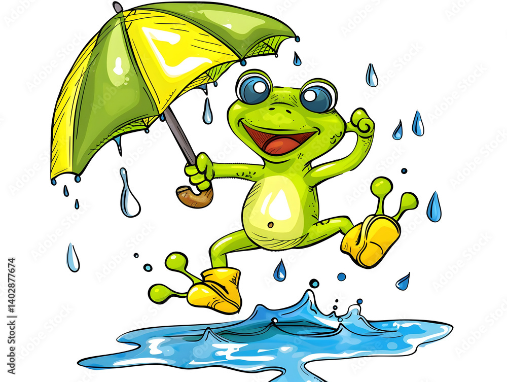 Obraz premium cute cartoon frog jumping in puddles with rain boots and umbrella, fun springtime clipart style, isolated on white background