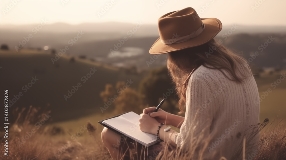 Fototapeta premium Woman in hat sketching in notebook with landscape view background