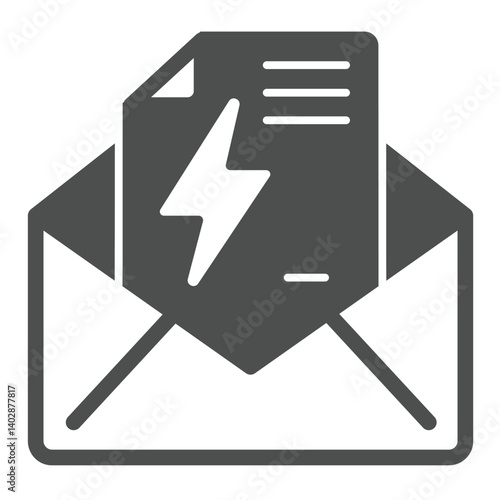 Envelope with electricity bill paper solid icon, mail concept. Vector graphics. Letter and lightning, bill sign on white background, glyph style icon for mobile or web design.