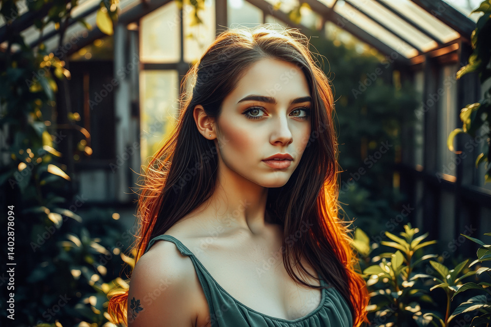 Fototapeta premium Beautiful Woman in a Greenhouse at Sunset